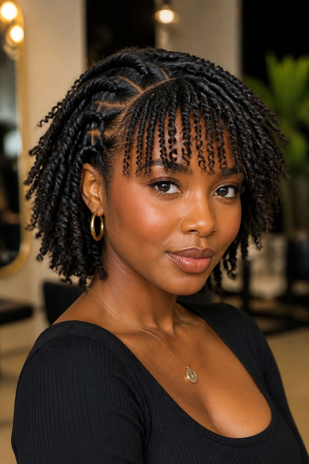 Close-up of a Black woman with flat-twist set and soft chopped bangs.
