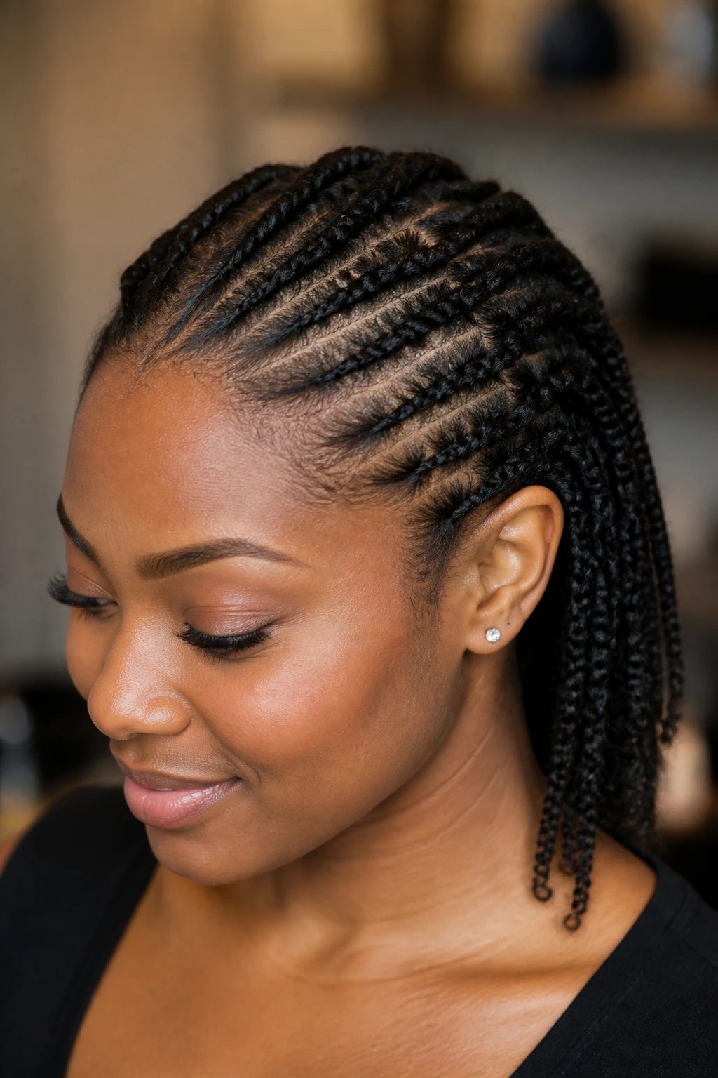 Flat twists at the hairline transitioning to back braids on a real person