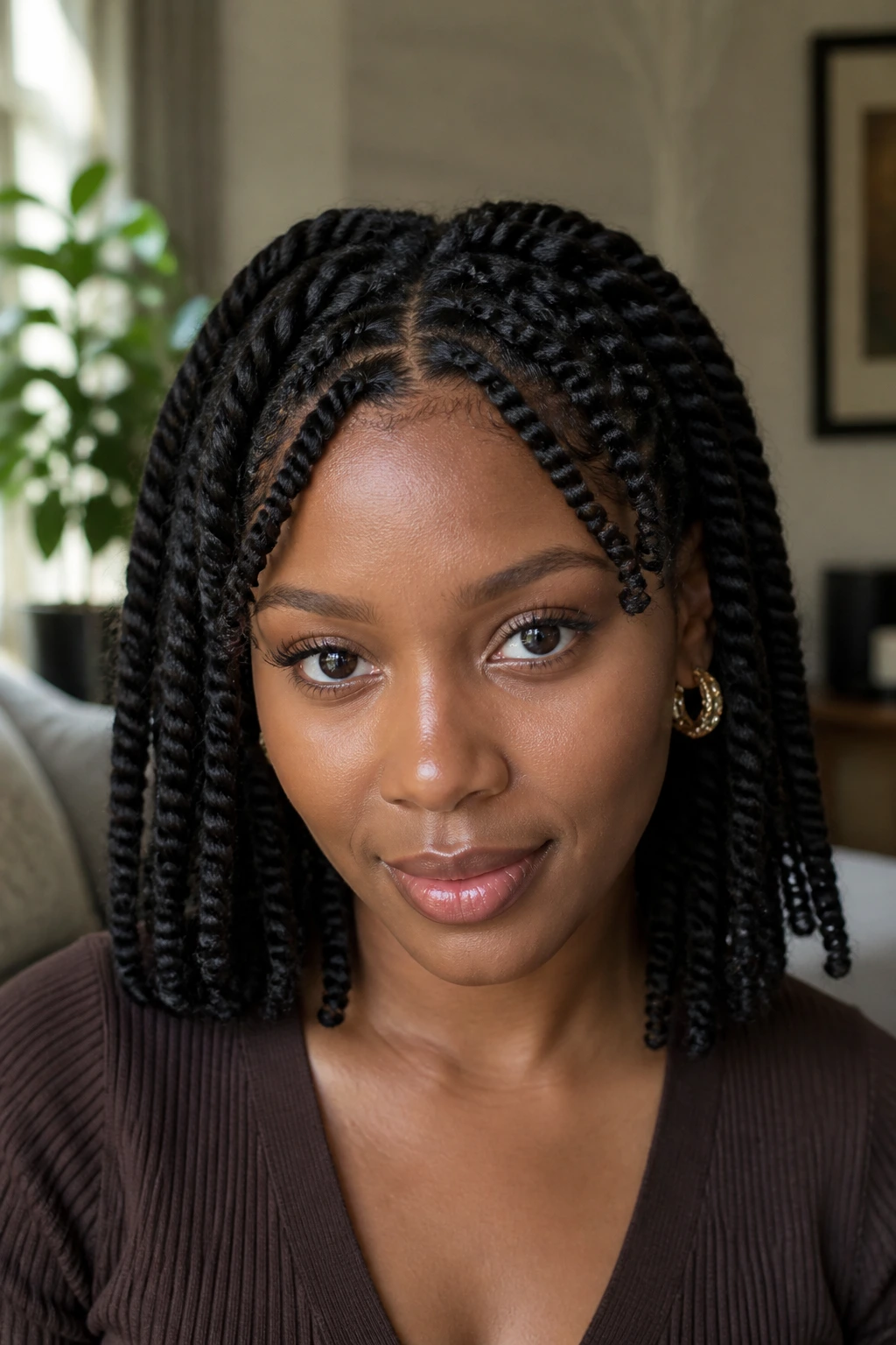 Close-up of a real woman with flat-twist braids and braided fringe in soft window light
