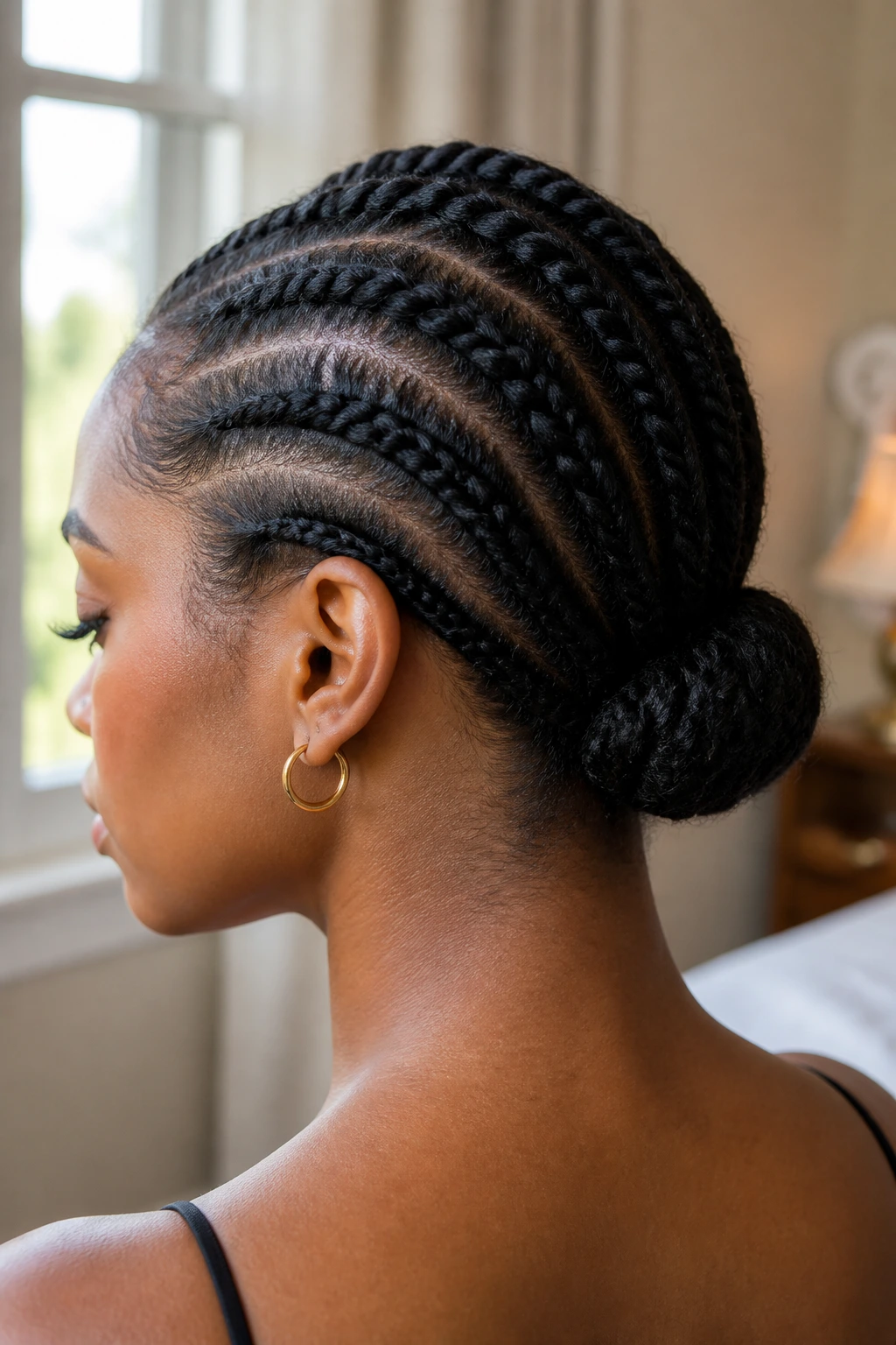 Close-up of a real woman with flat-twist chignon at the nape