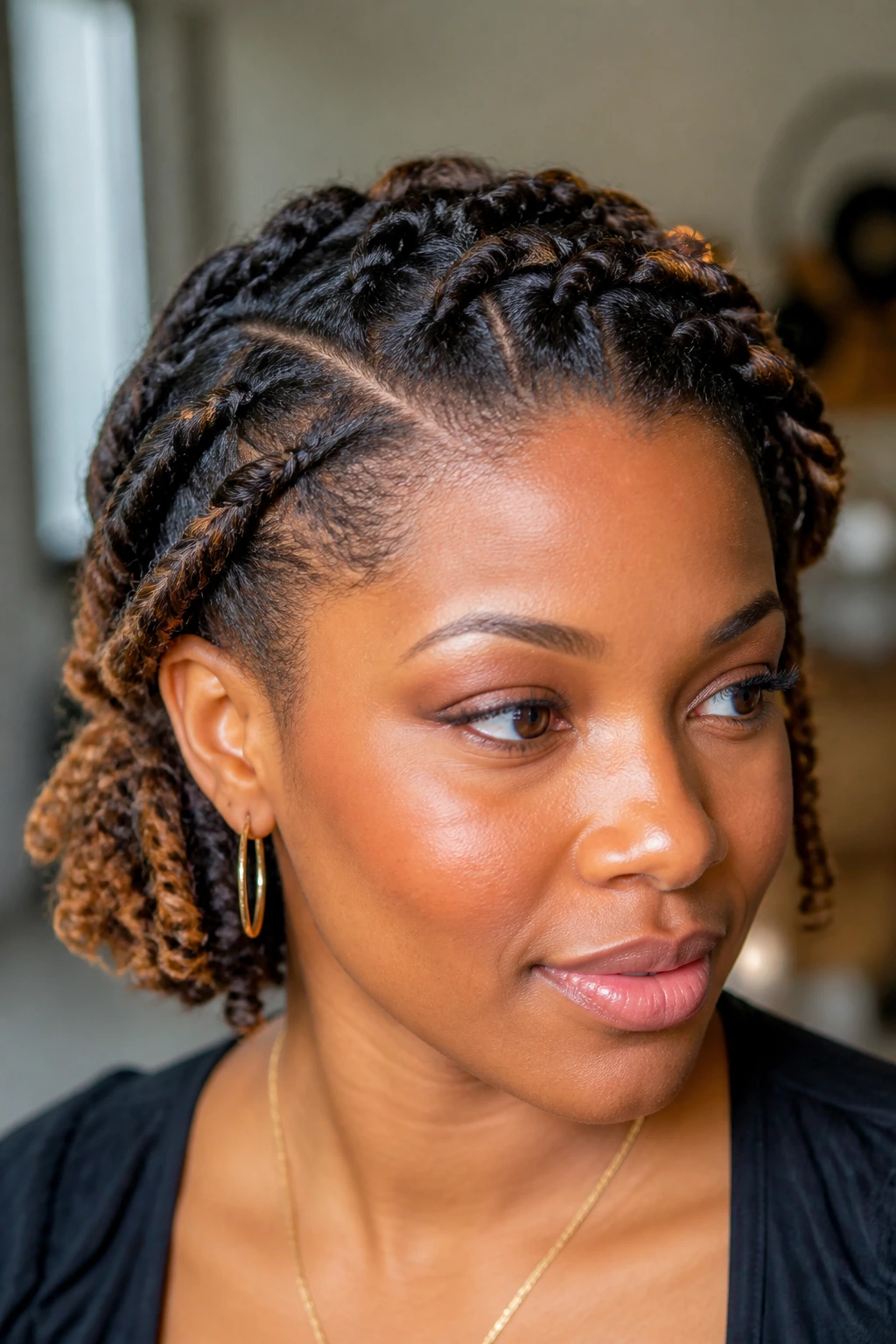 Close-up of flat-twist crown with dimensional ends on a real woman