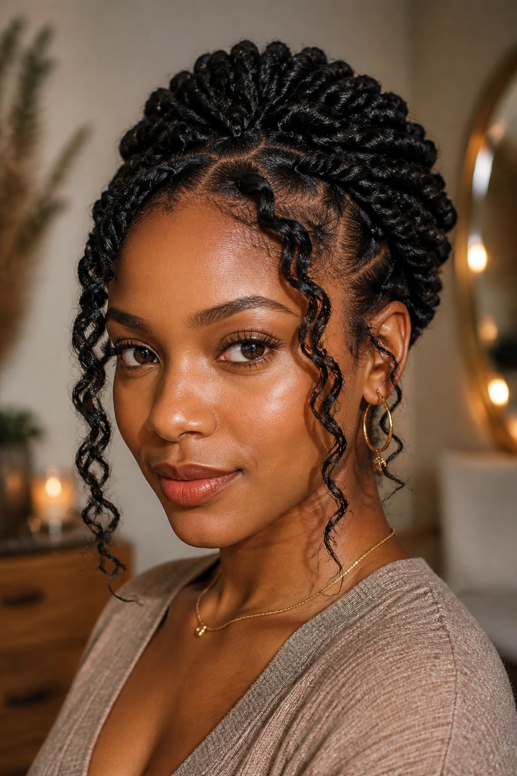 Close-up of a real Black woman with a flat-twist crown and soft face framing