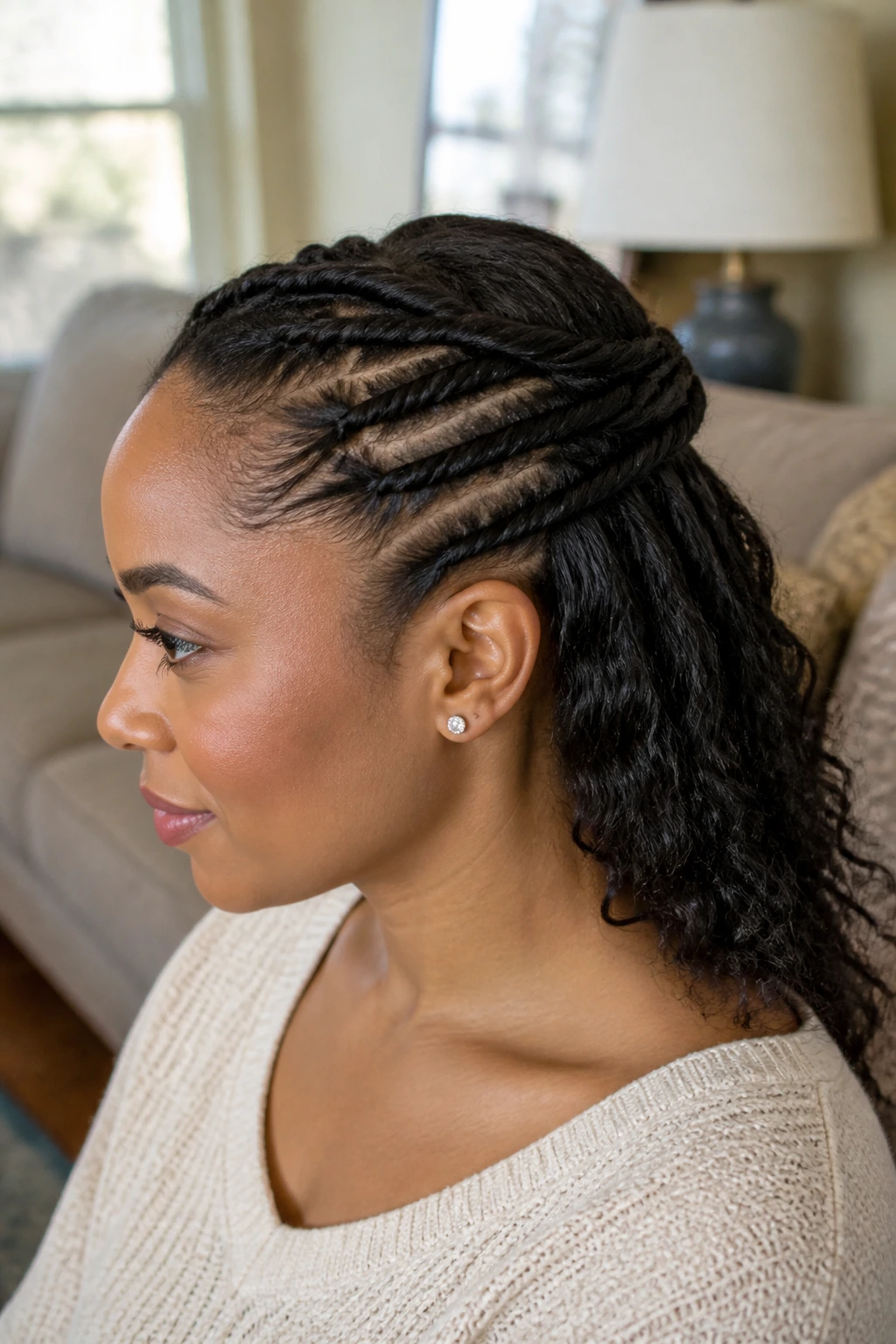 Profile view of a real woman with flat twist crown near temples.