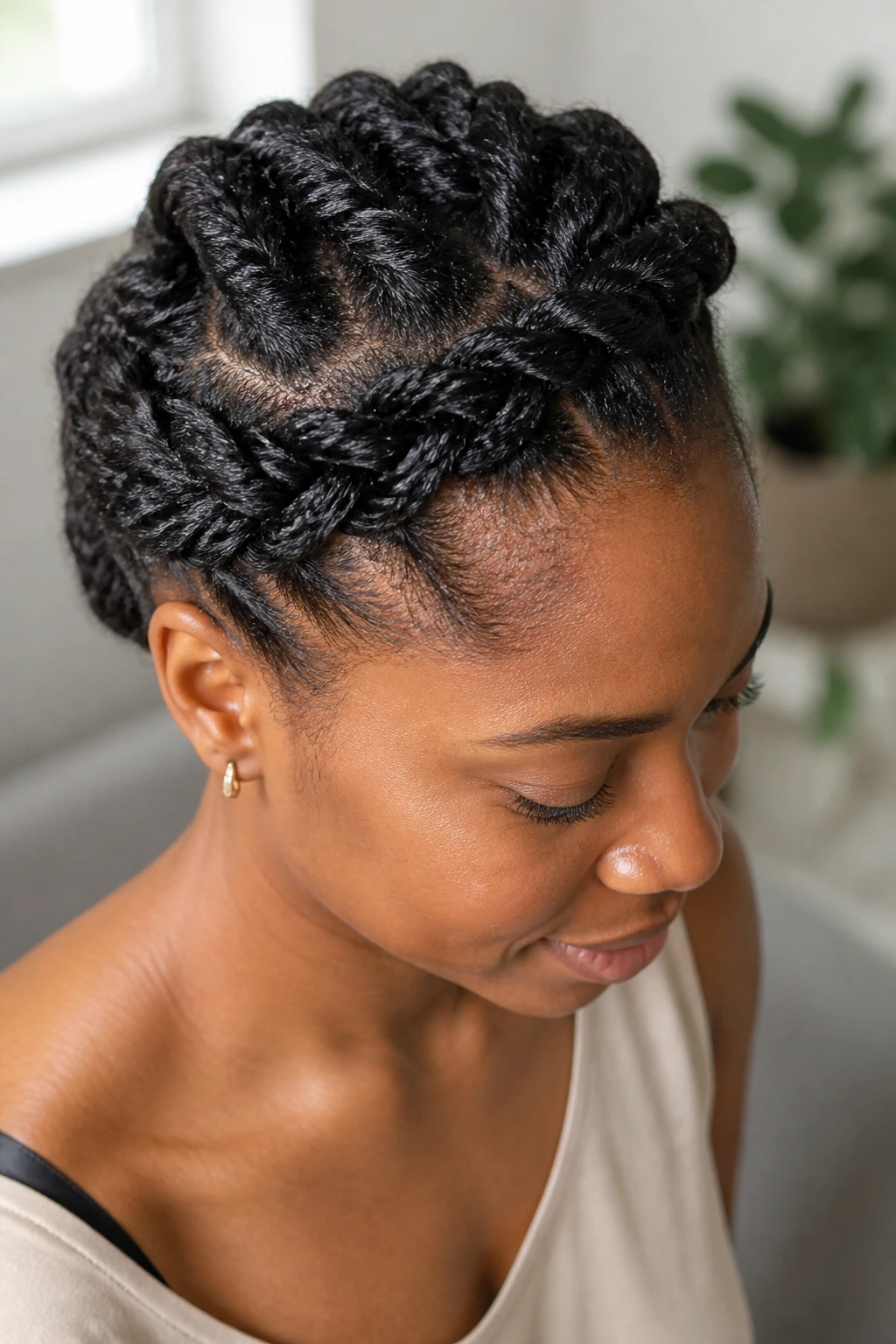 Close-up portrait of a person wearing a flat twist crown