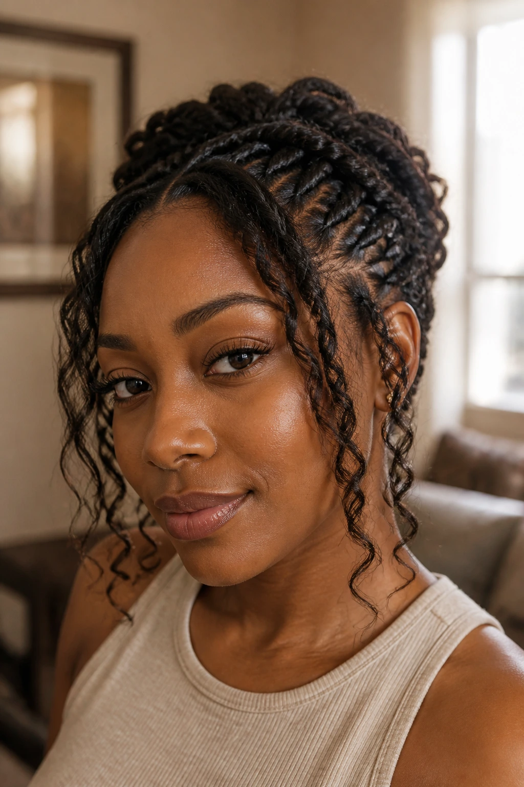 Close-up of a Black woman with flat-twist crown and soft face-framing layers.