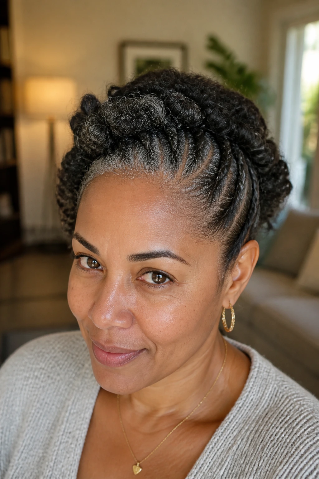 Real woman wearing flat-twist crown hairstyle across top of head