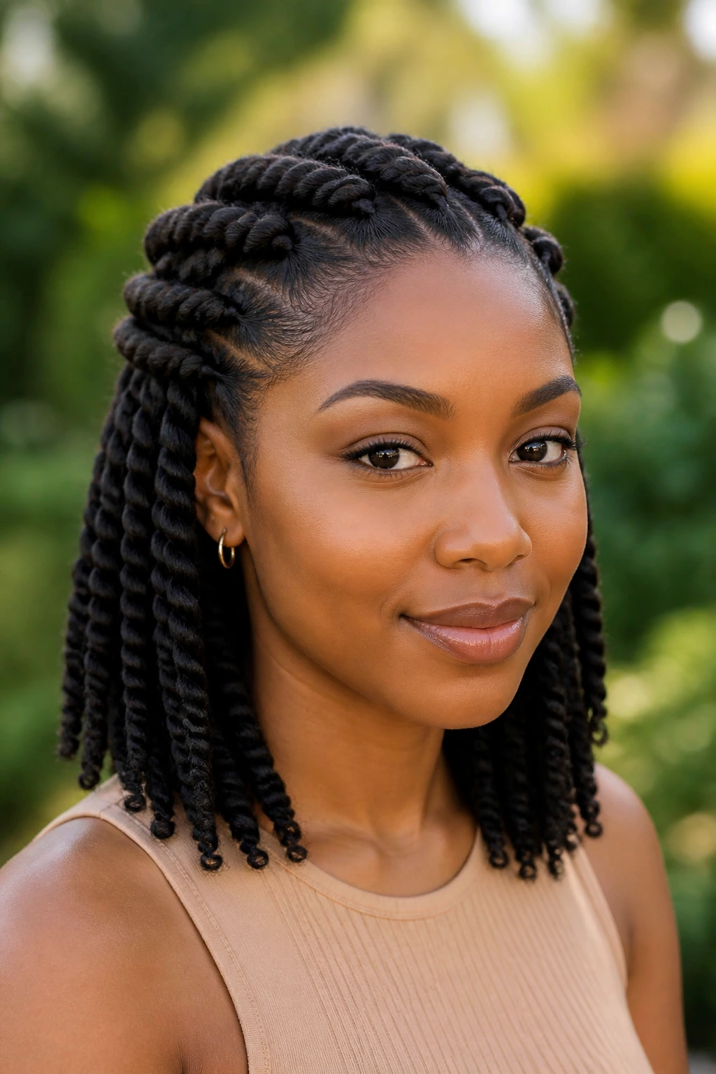 Close-up of a Black woman with flat-twist crown and hanging ends