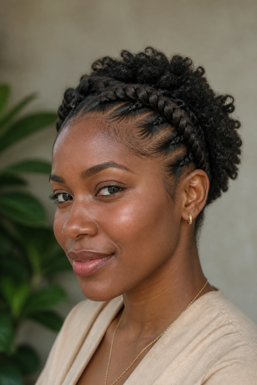Real person wearing a flat-twist crown hairstyle along the hairline.