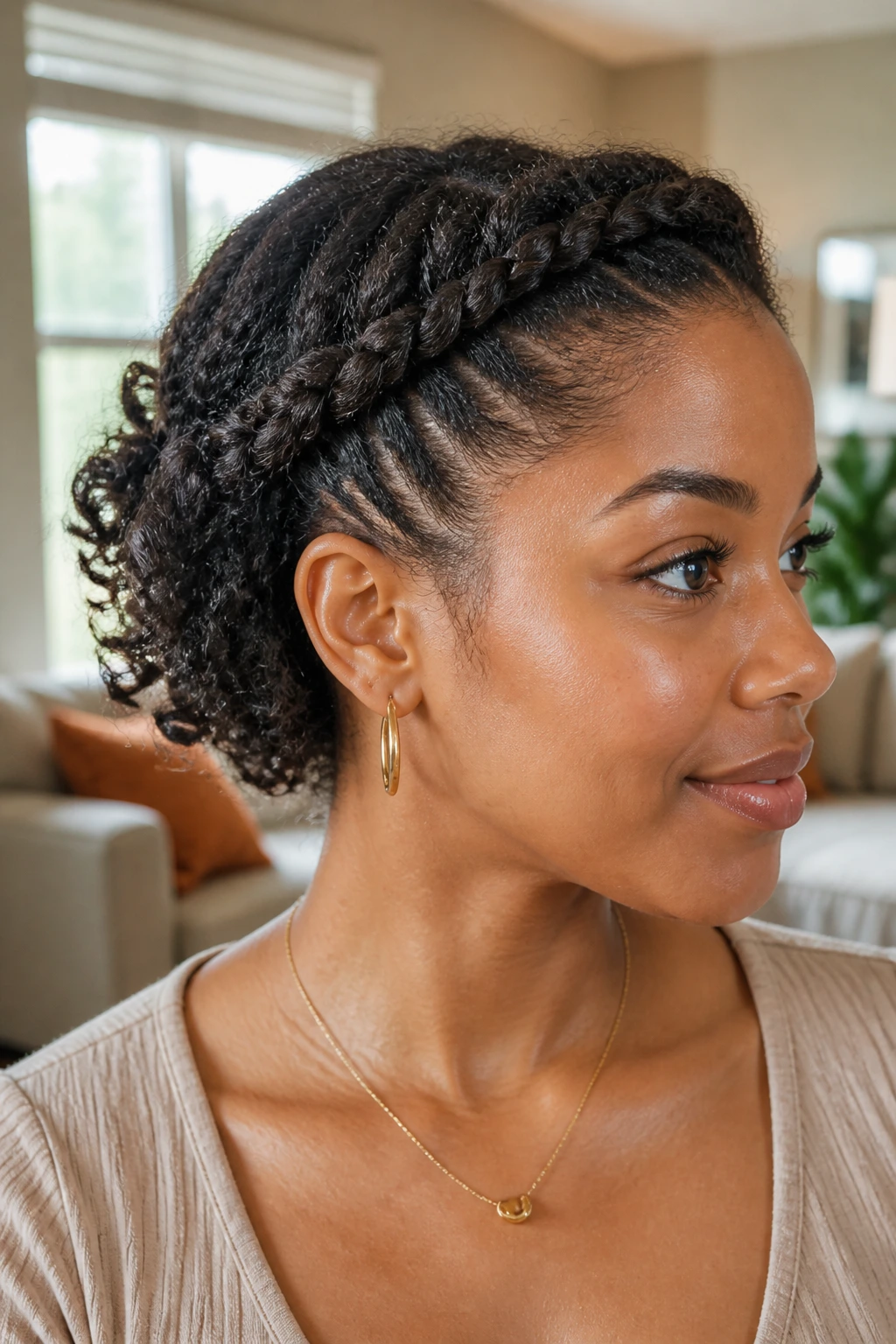 Close-up of a real woman with flat-twist halo on short curly hair