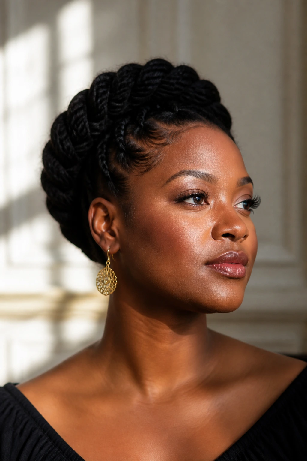Close-up of a real woman with a flat-twist halo updo in soft daylight.