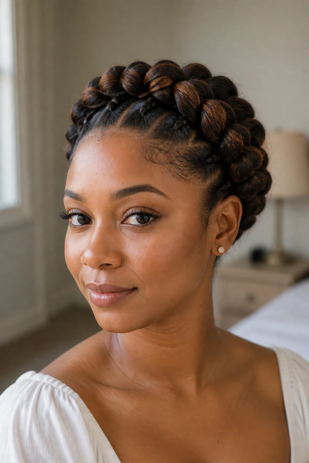 Close-up of a woman with a flat-twist halo updo and subtle lowlights