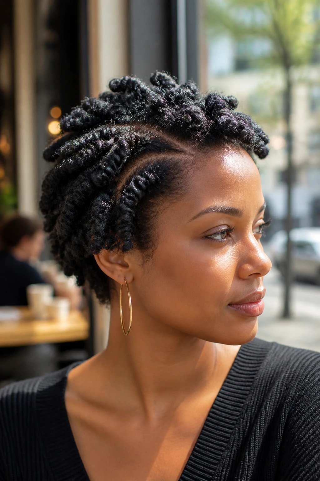Close-up portrait of a real Black woman with a flat-twist out on short hair showing ridges