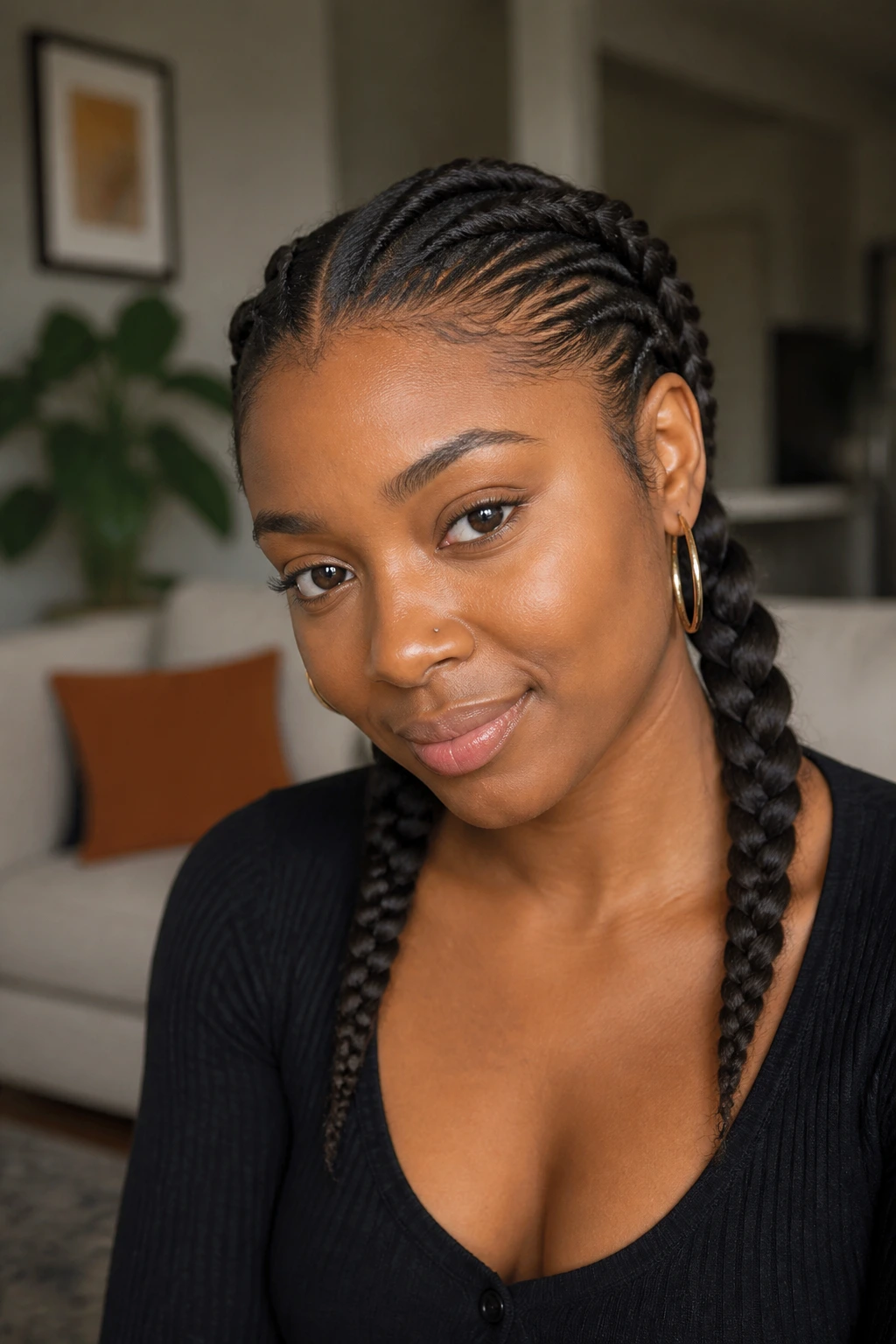Close-up portrait of flat-twist pigtails on a real woman