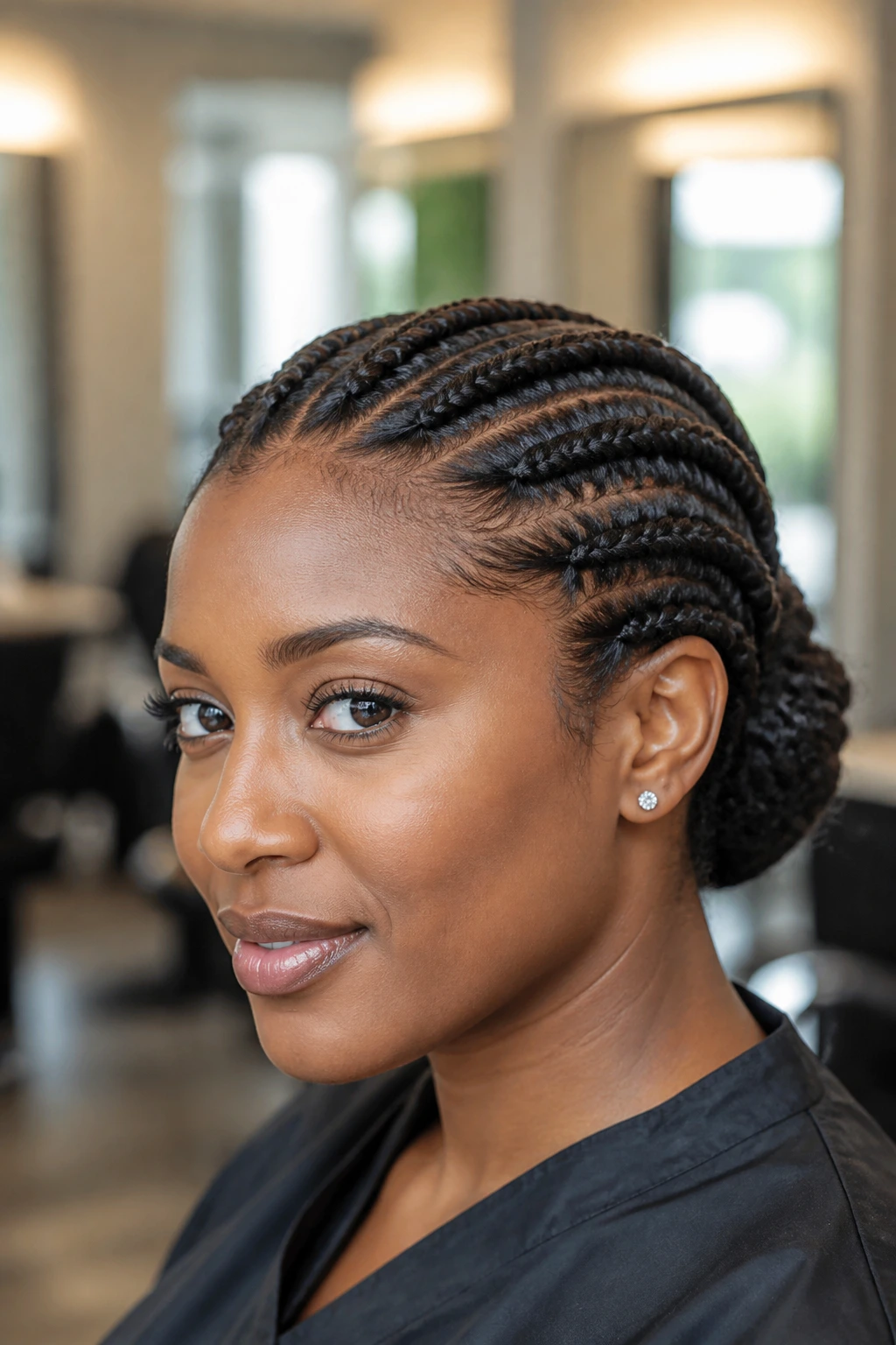 Close-up of a real woman with flat twists and a close sides hairstyle