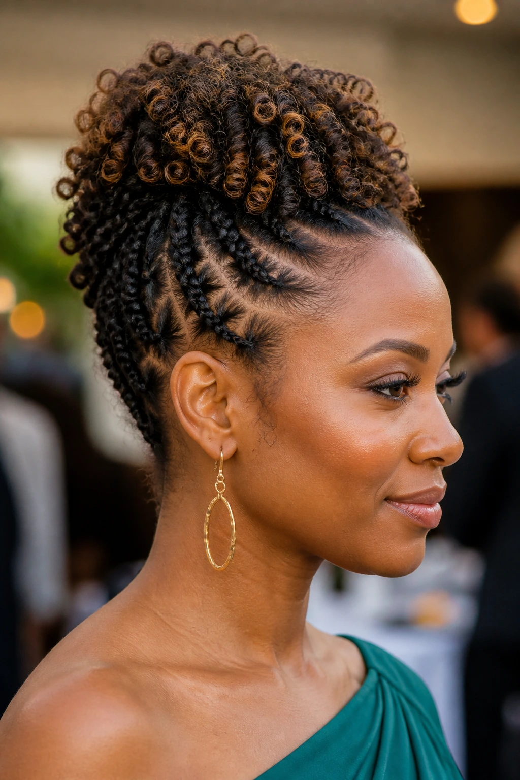Close-up profile of a real woman with flat twists and curly ends