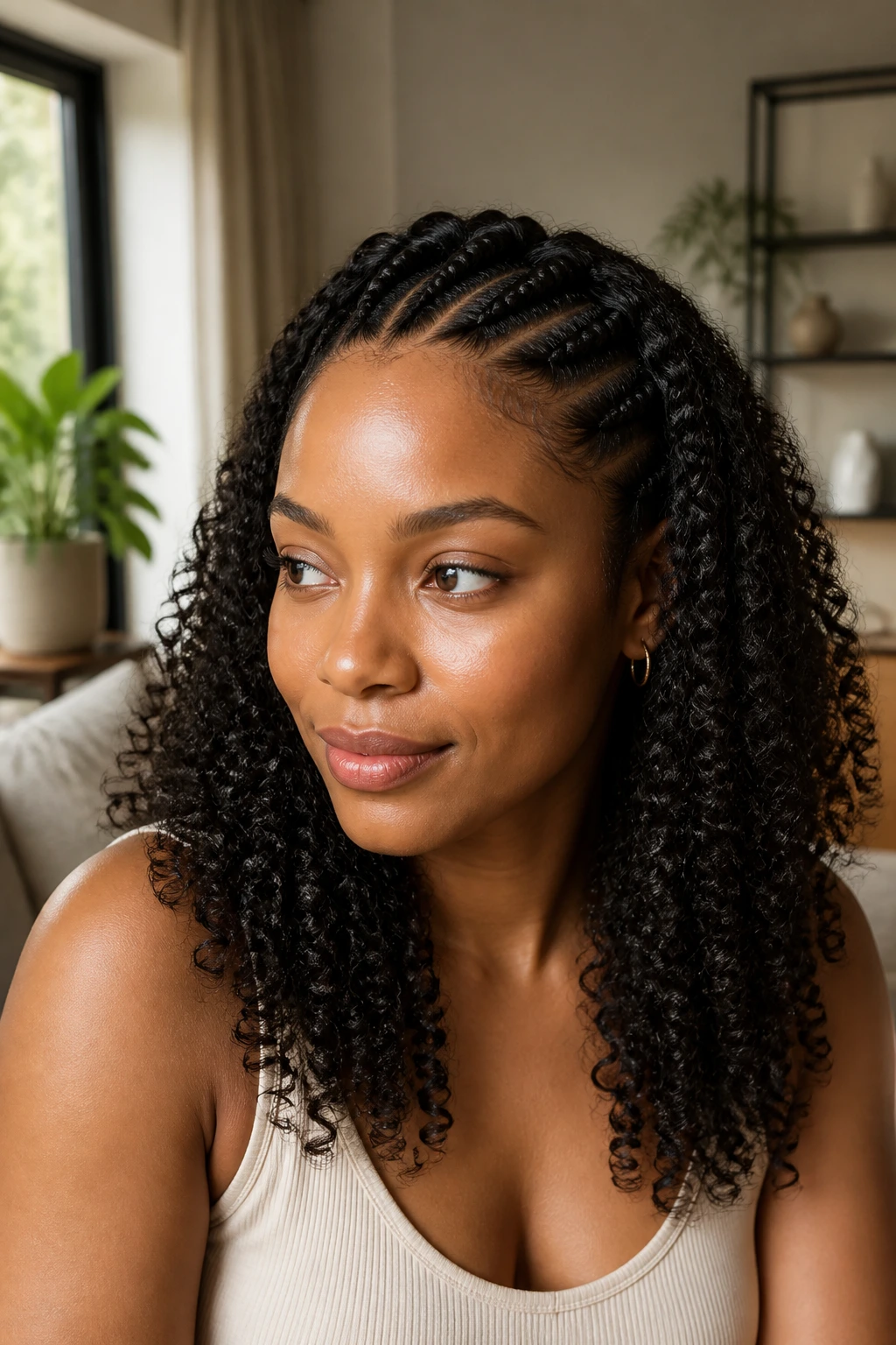 Close-up of a real woman with flat twists along the hairline and curly length