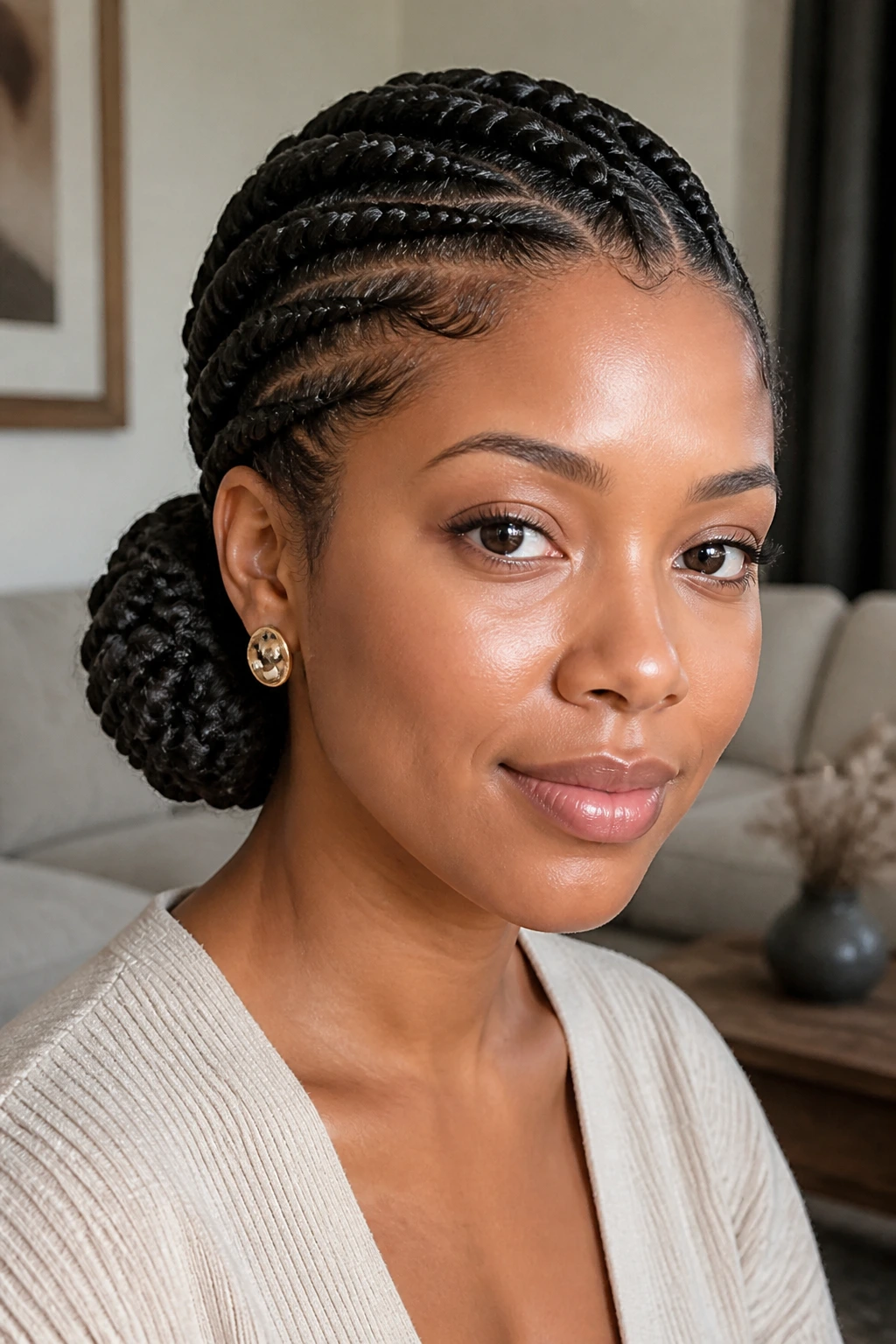 Close-up of a real Black woman with flat twists forming a low diagonal bun beneath the cheekbones.