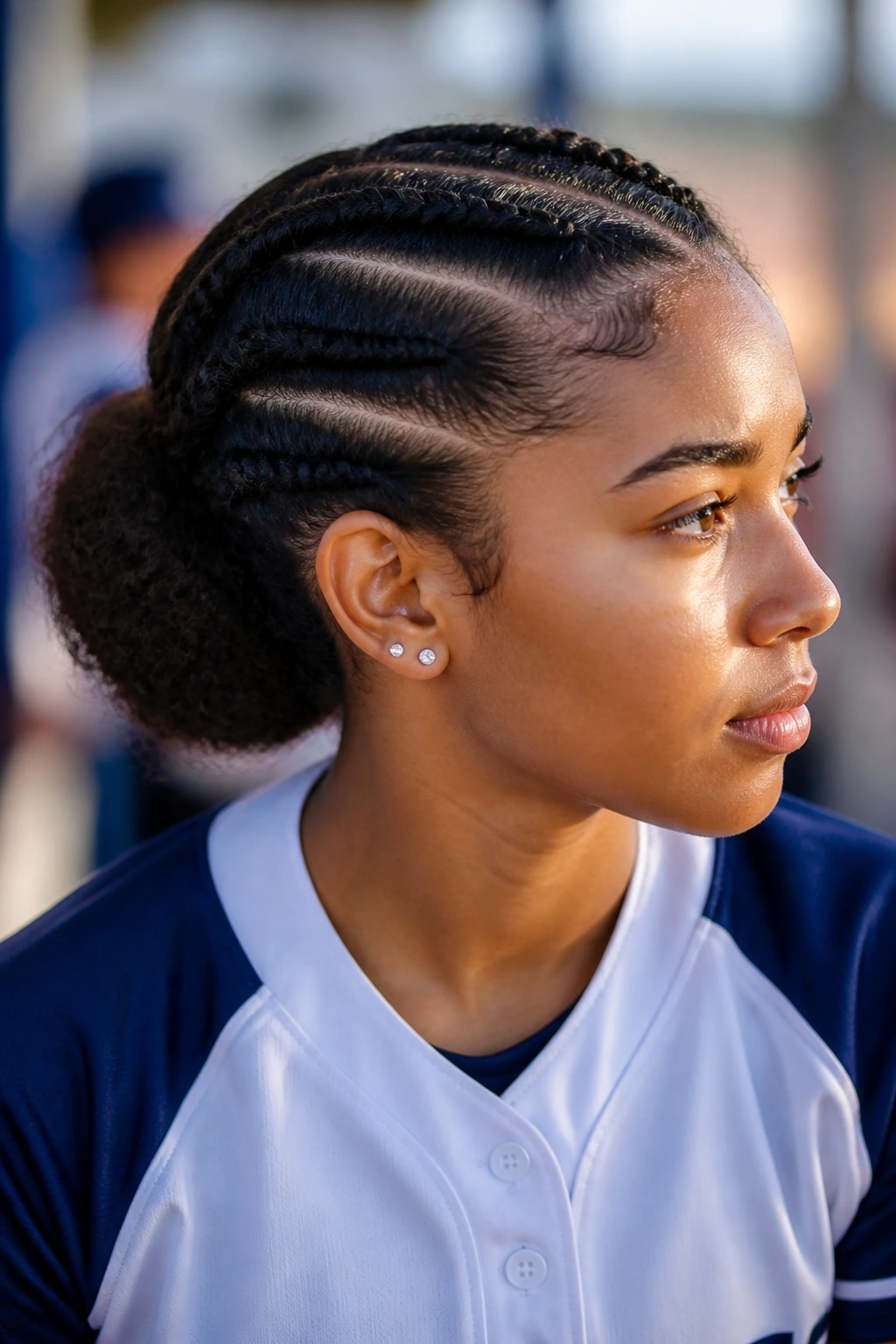 Close-up of a player with flat twists tucked into a soft puff against a blurred sports background.