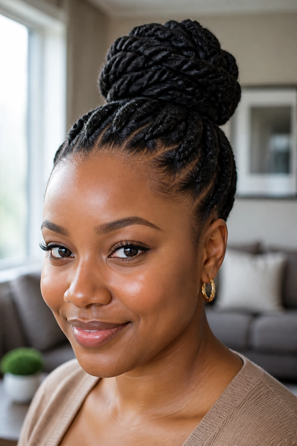 Close up of a real person with flat twists into a high bun, natural lighting