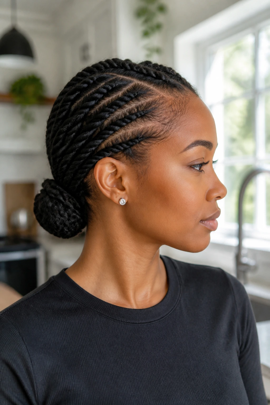 Profile of a real woman with flat twists forming a low bun.