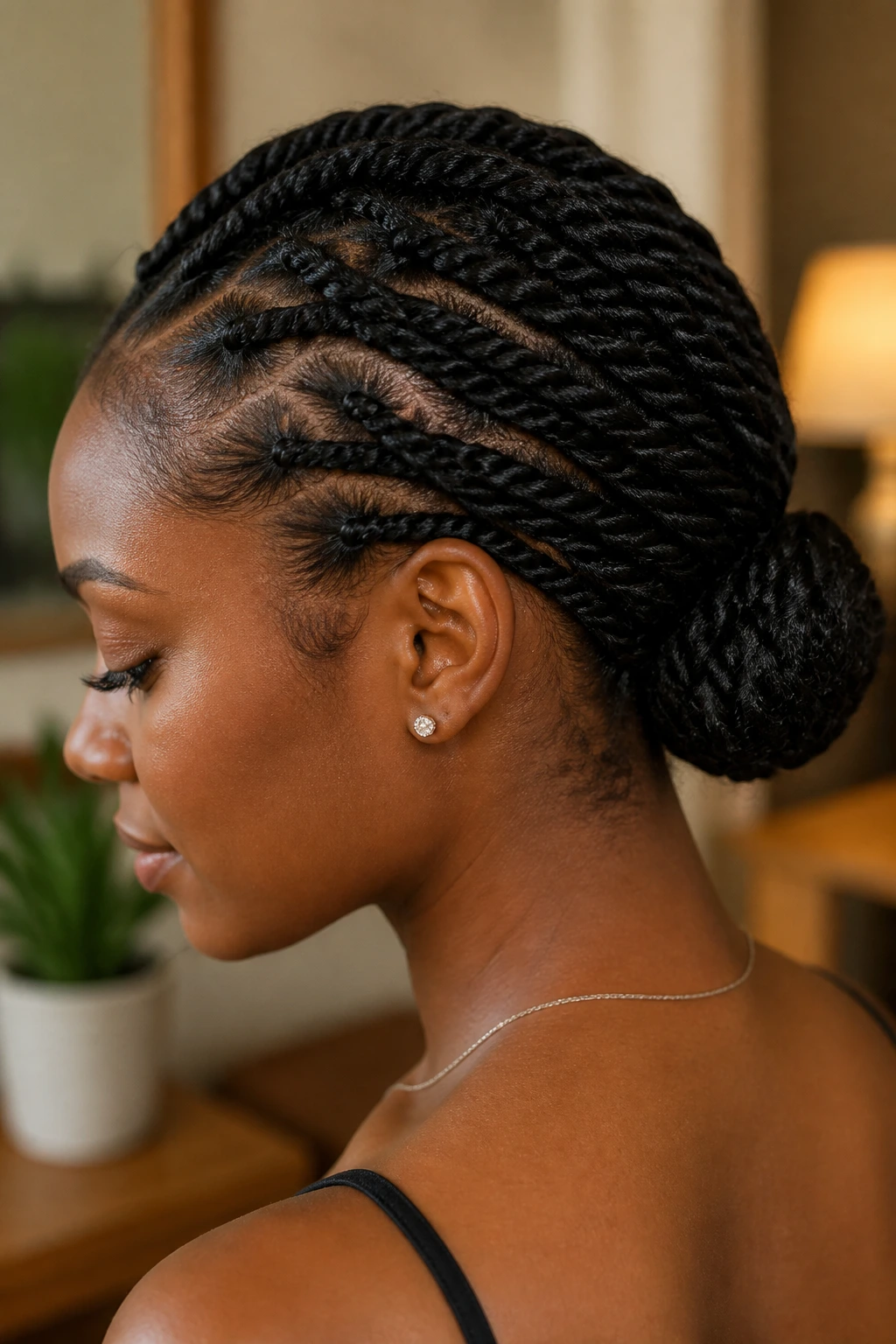 Real woman with flat twists forming a low bun