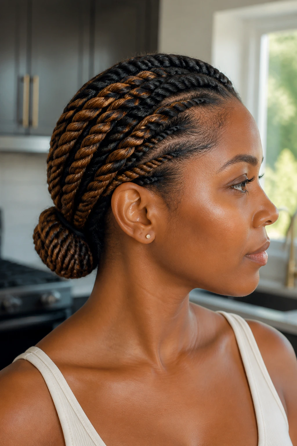 Close-up of flat twists forming a low bun with caramel highlights