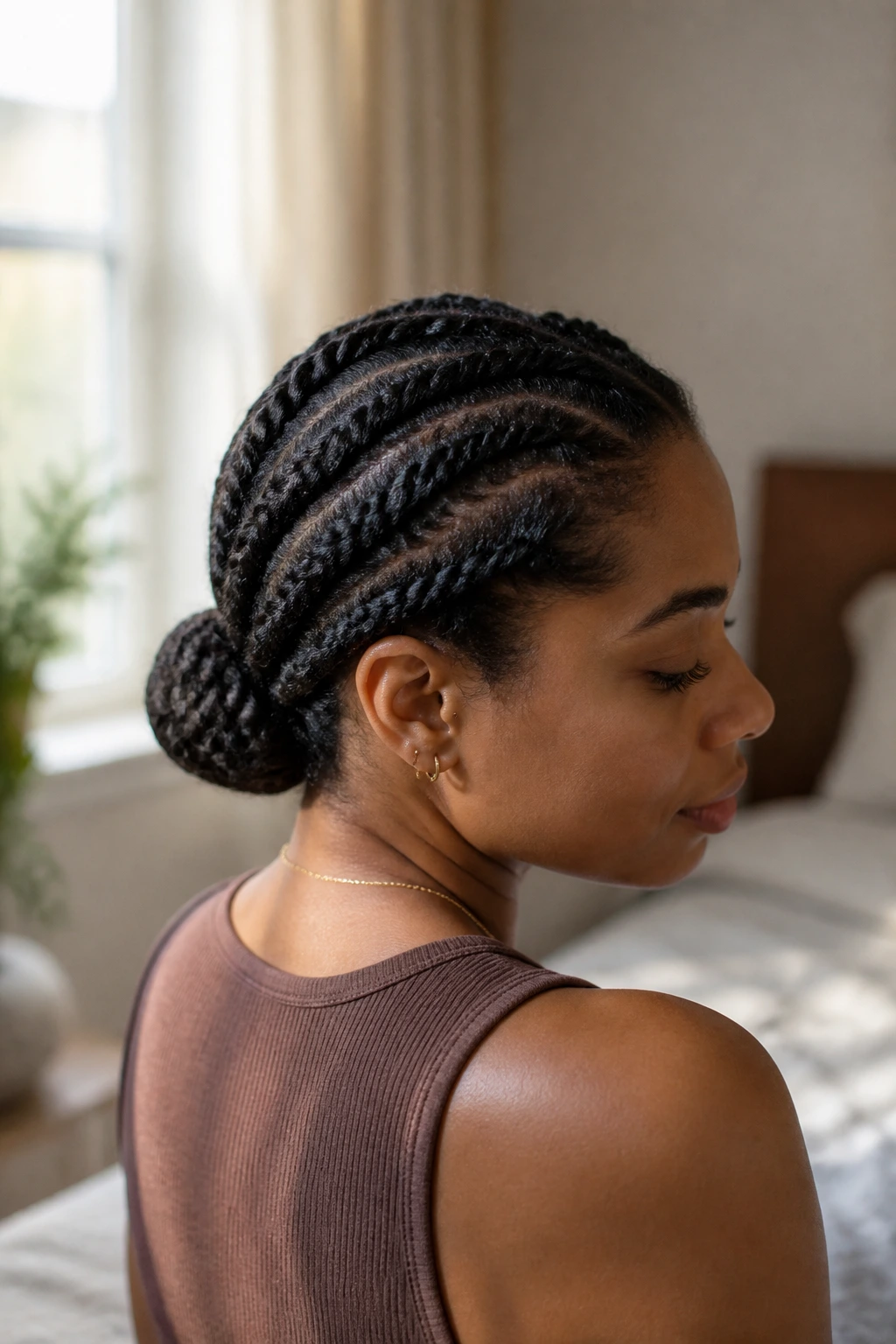 Close-up of a real person with flat twists into a low bun