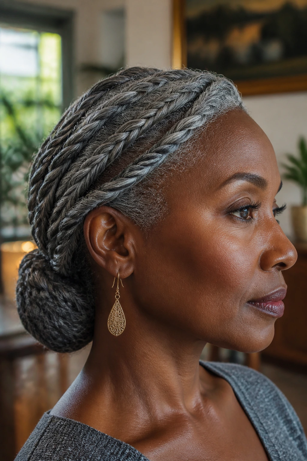 Close-up of Loose Flat Twists into a Low Bun on a real person, twists and a low bun.