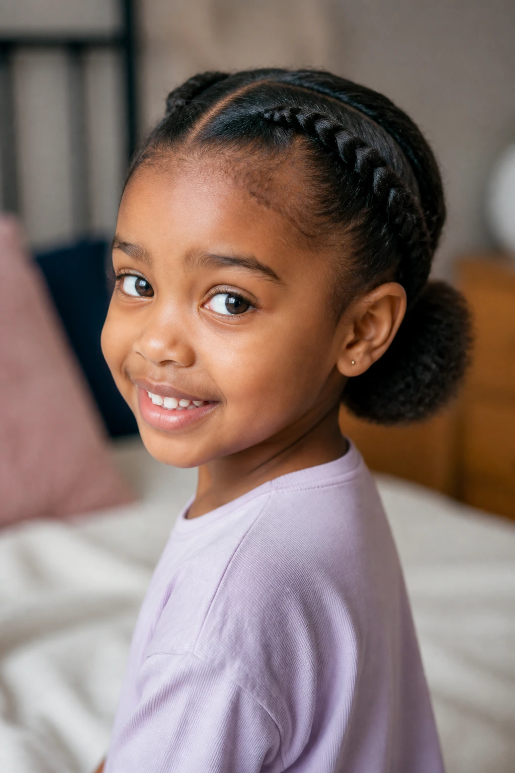 Close-up of toddler girl with flat twists and low puff hairstyle in a cozy bedroom