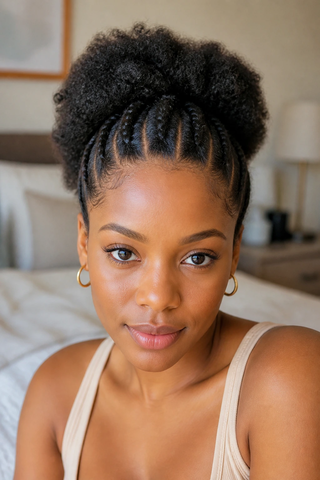 Close-up of a real person with flat twists forming a puff.