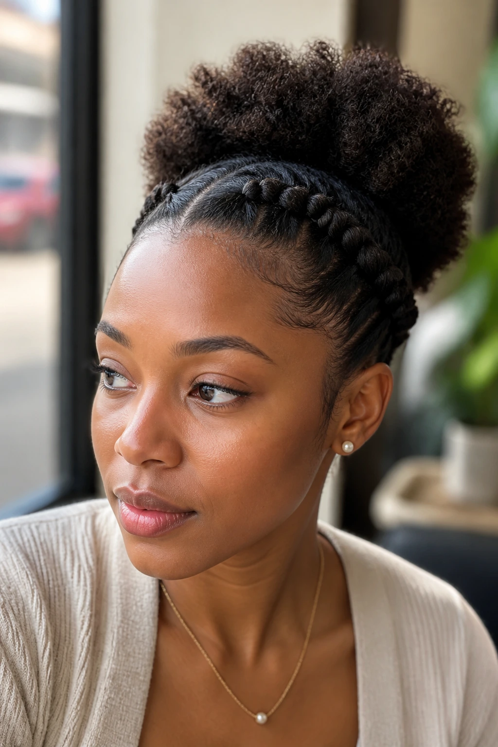 Real woman with two flat twists forming a crown puff on curly hair in natural light.