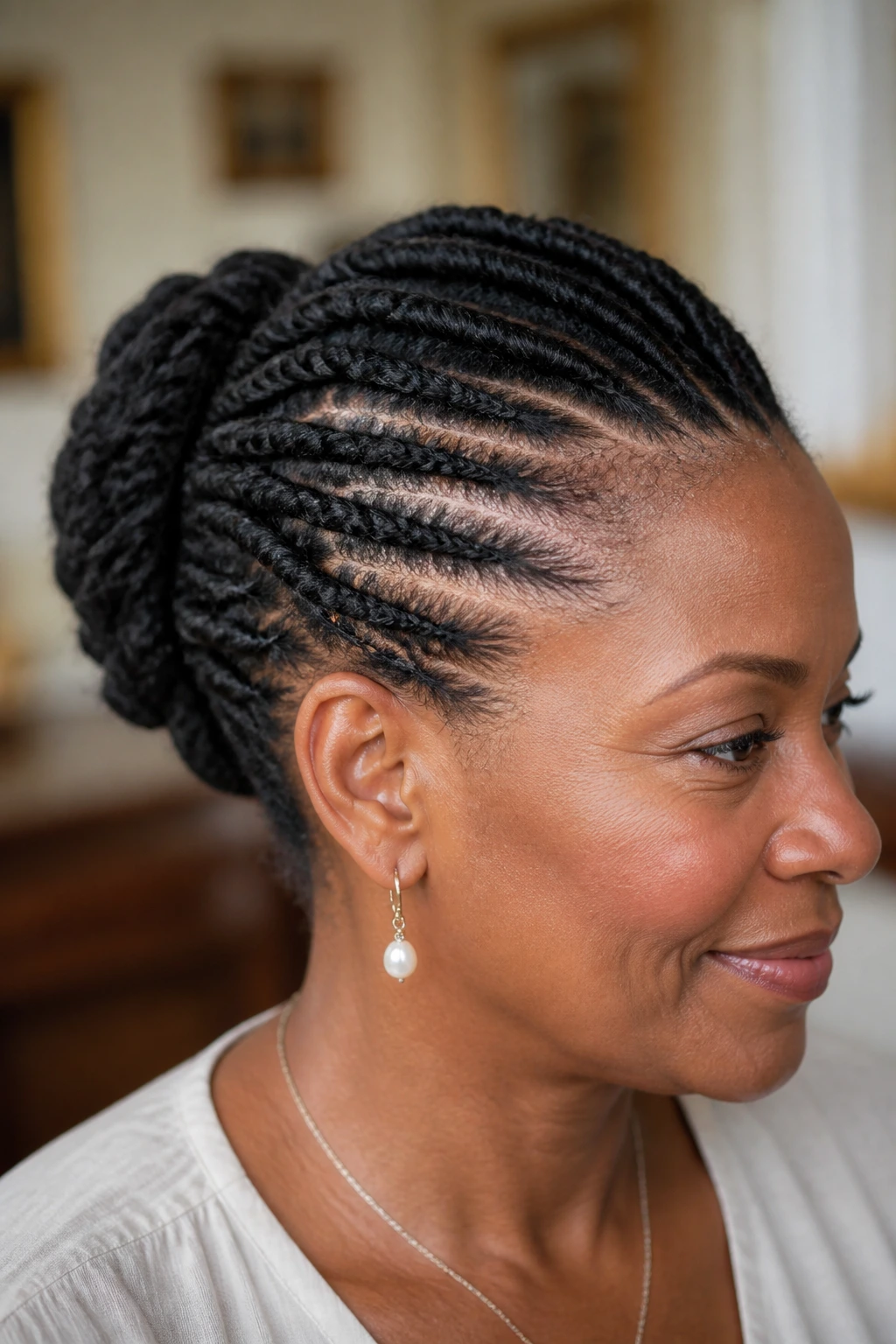 Close-up portrait of a real woman with flat twists updo under warm interior lighting