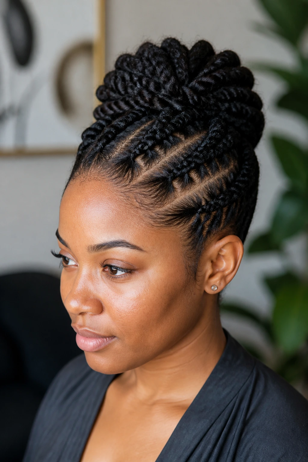 Close-up of flat twist updo on thick hair