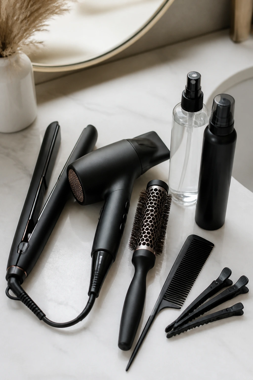 Close-up of hair tools arranged on a vanity for sharp straight bob styling.