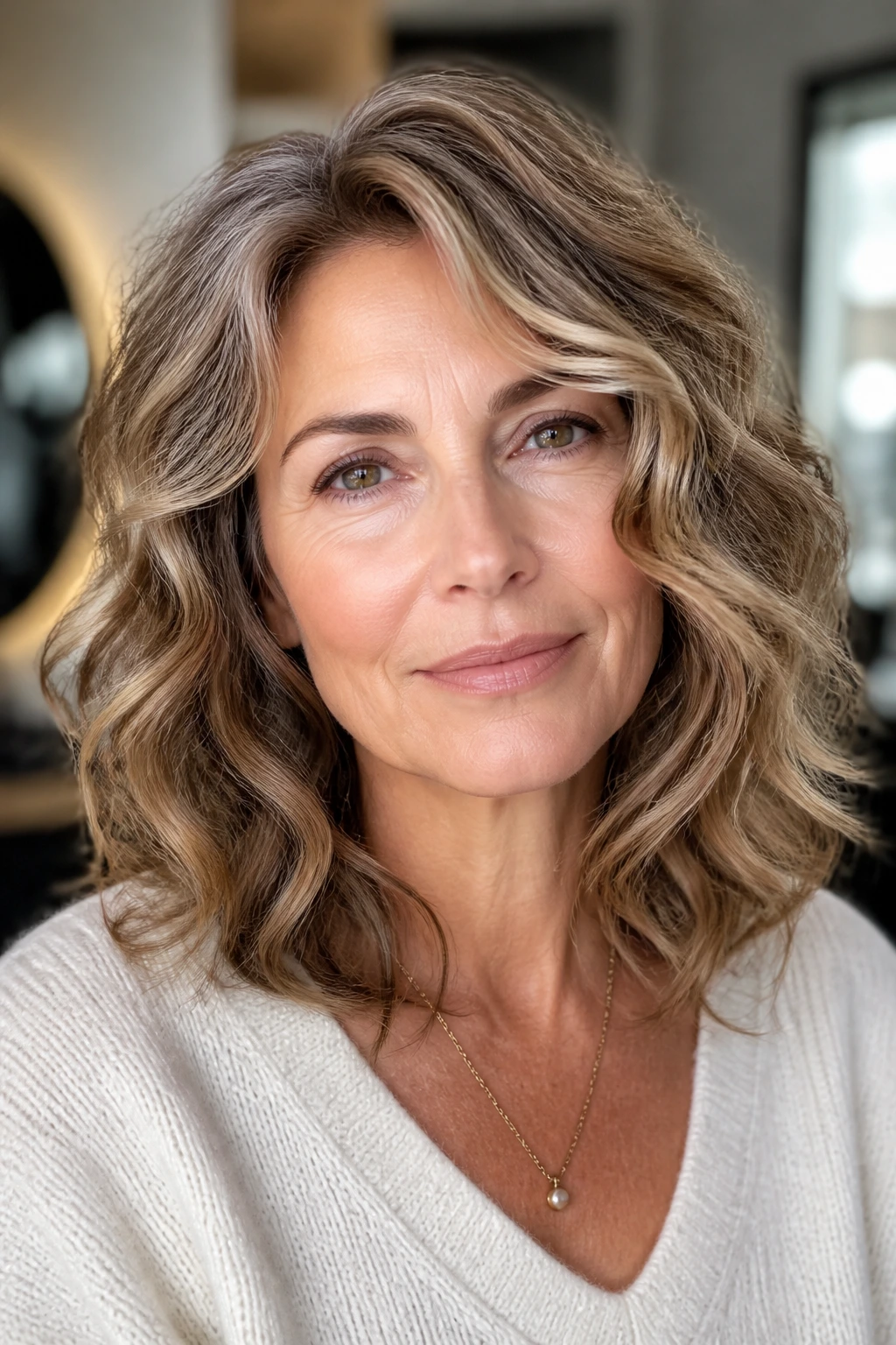 Close-up portrait of a woman with a flattering wavy haircut in natural light