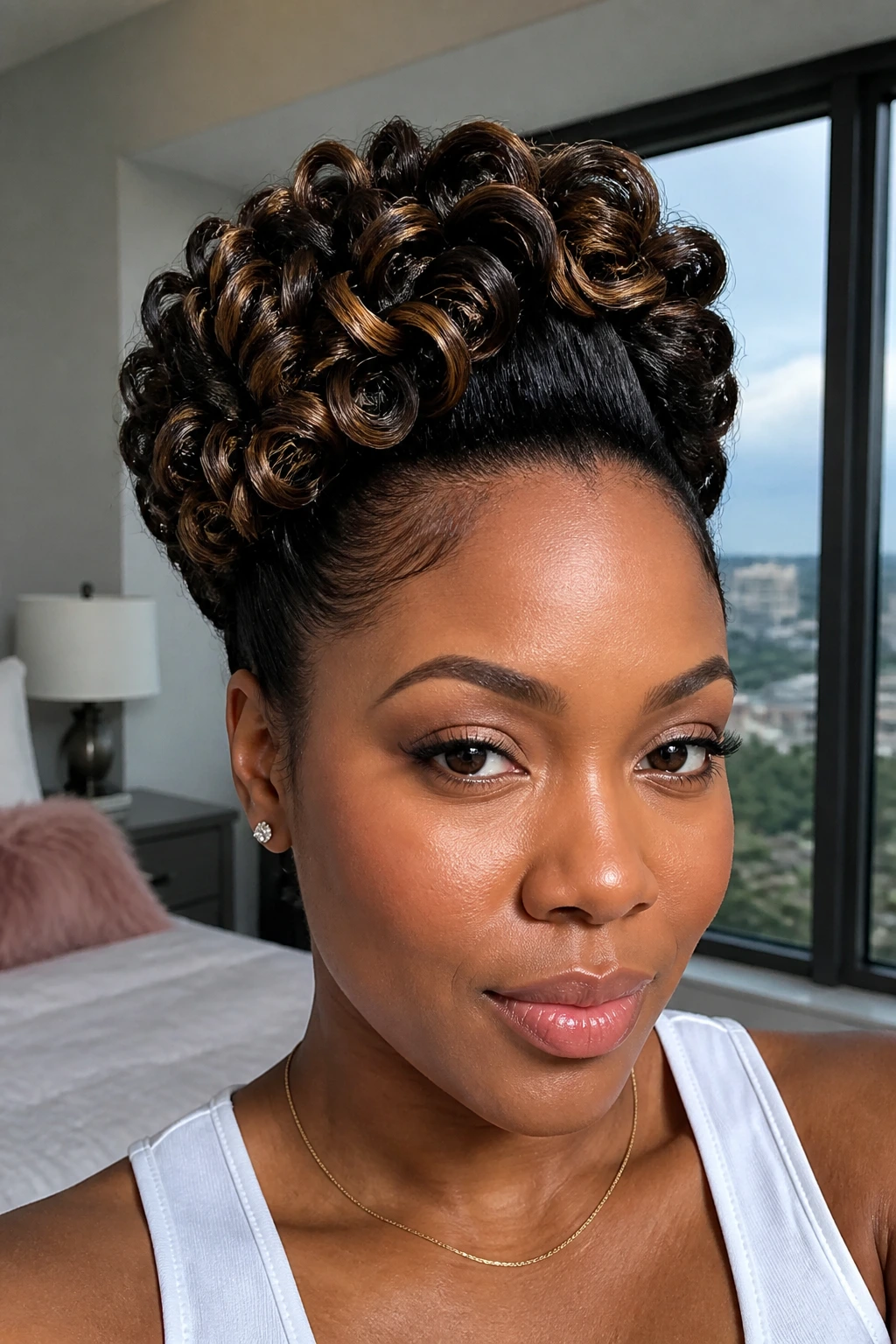 Close-up portrait of a real person with a flexi-rod crown and pinned front showing curled crown and lowlights