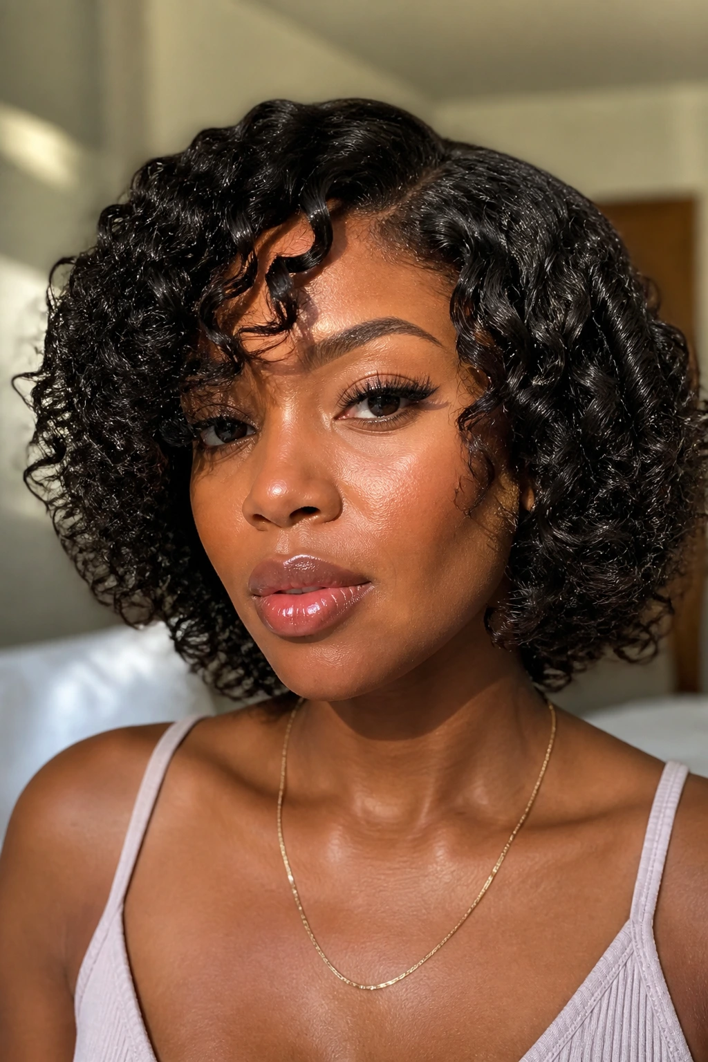 Close-up of a real woman with a flexi-rod bob, evenly curled at bob length, dense texture.