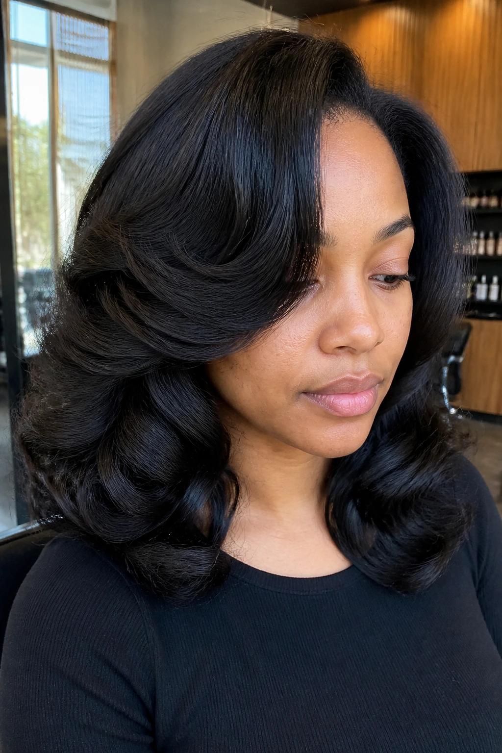 Close-up portrait of a real woman with blown-out flexi-rod curls