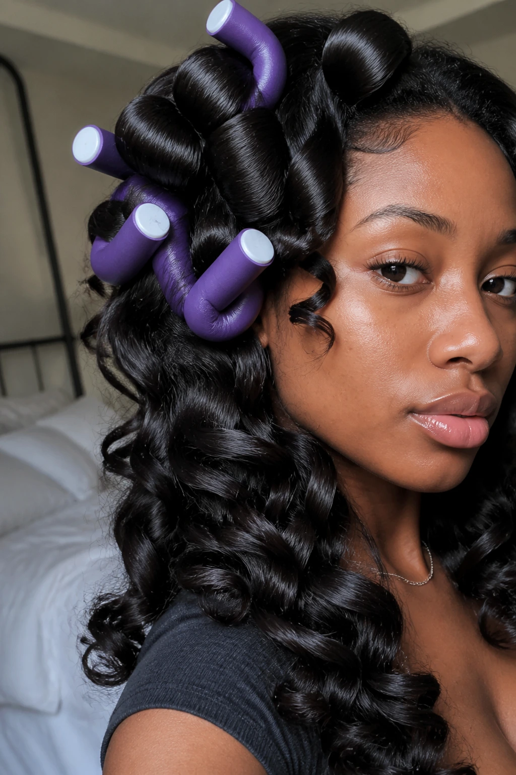Real woman with flexi-rod curls filling the frame