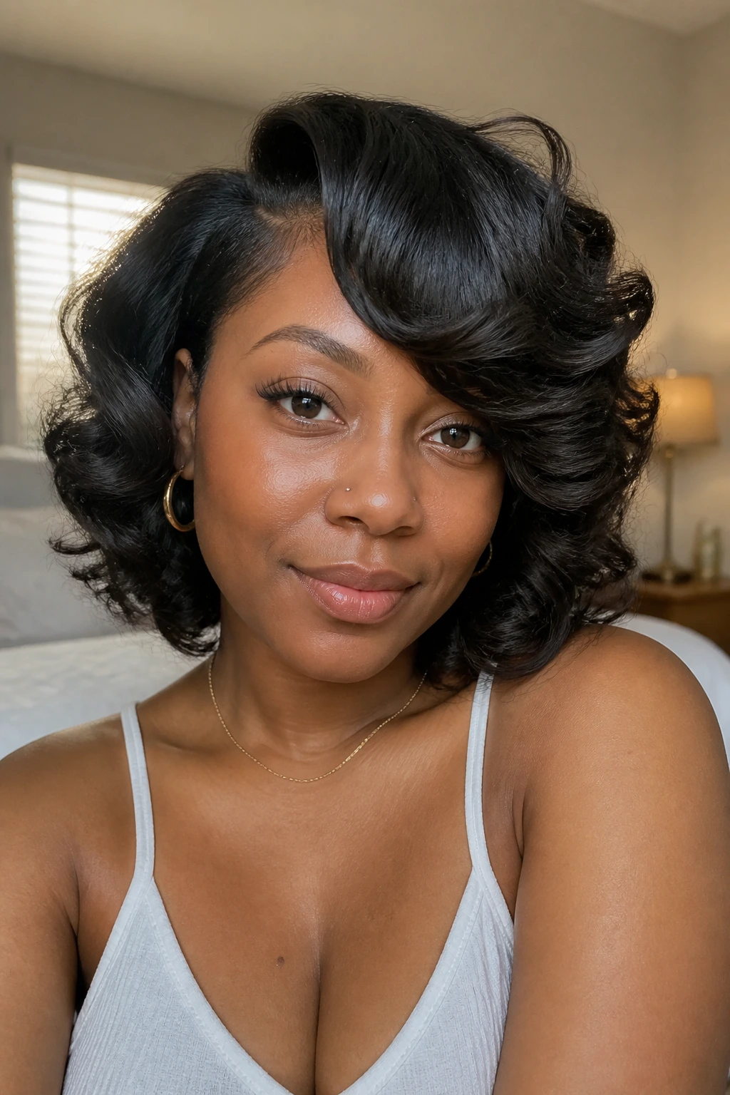 Close-up portrait of a real woman with flexi-rod curls and a side bang