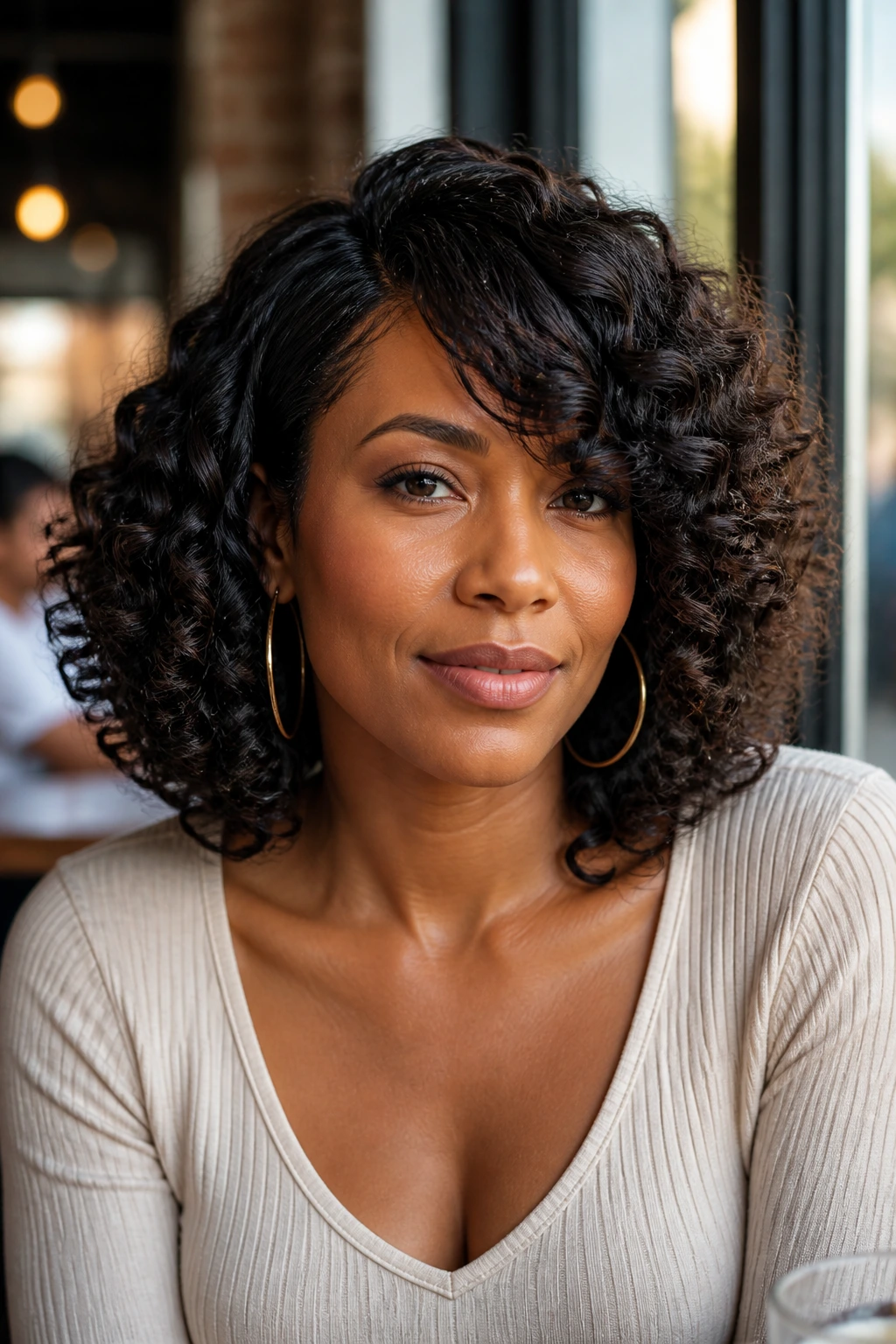 Close-up of real woman with flexi-rod lob and side-swept bang in cafe window light