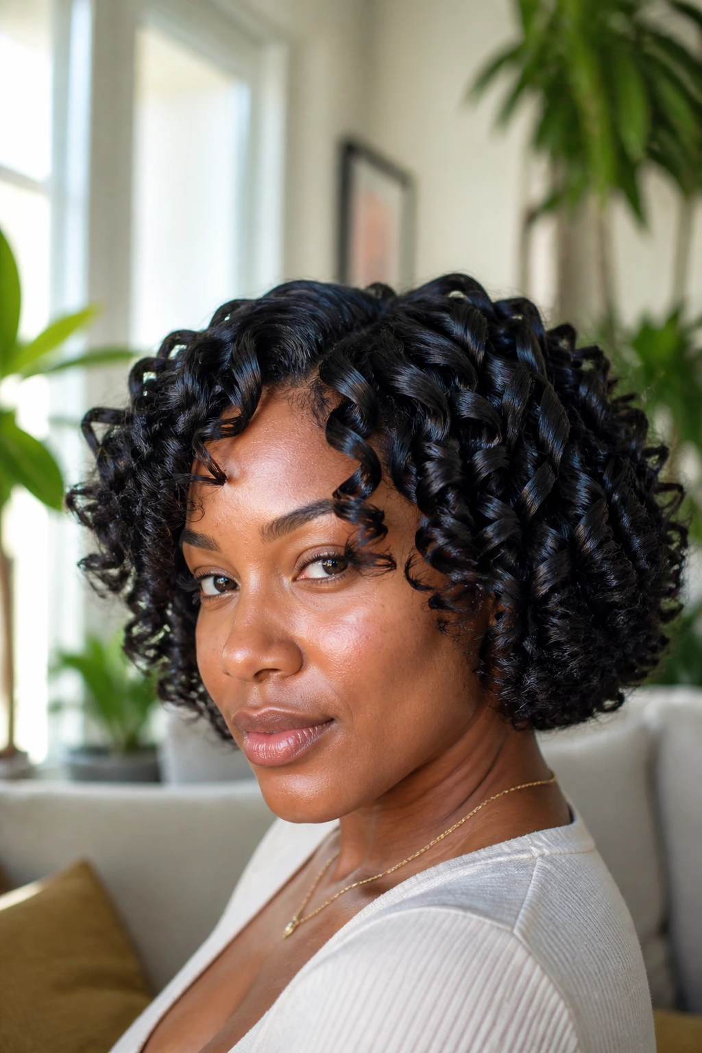 Close-up of a real Black woman with a polished flexi-rod ringlet bob.