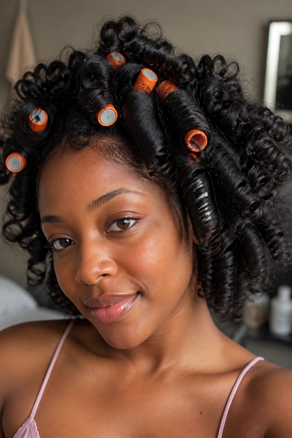 Close-up of a real Black woman with thick hair in a flexi rod set showing defined spirals