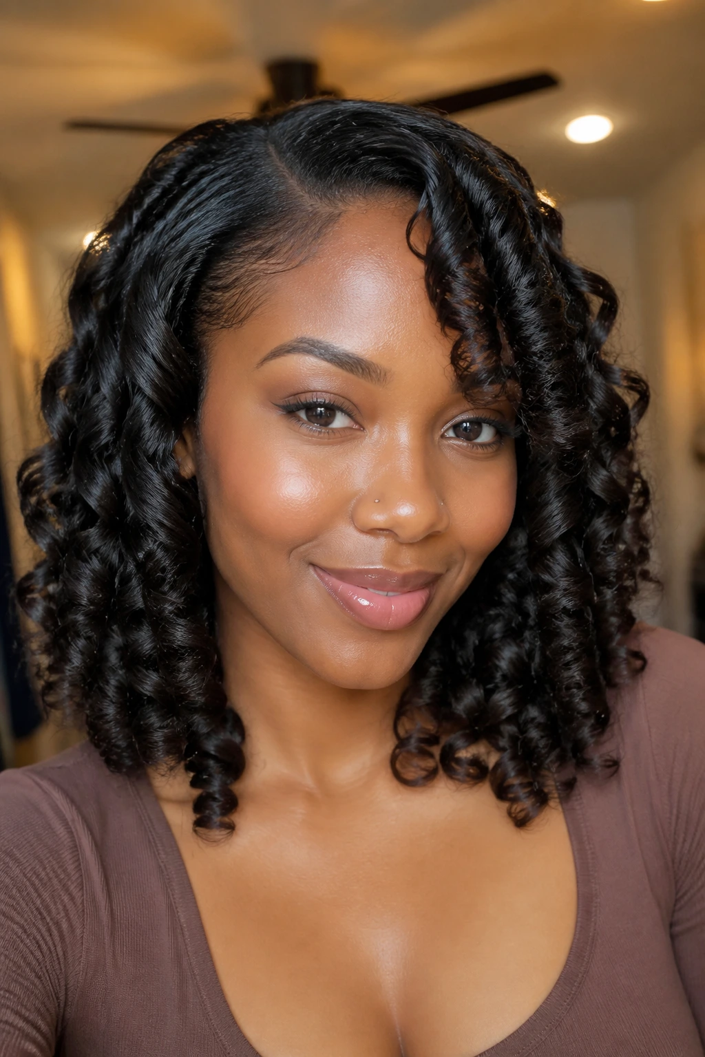 Shoulder-length spiraled curls from flexi-rod set on real person