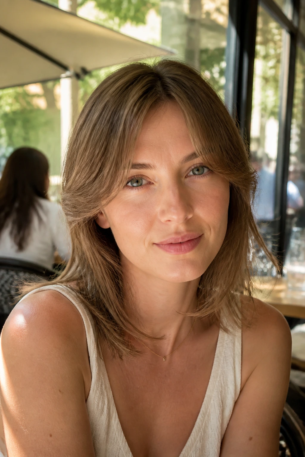 Close-up of a real woman with flick-out curtain bangs