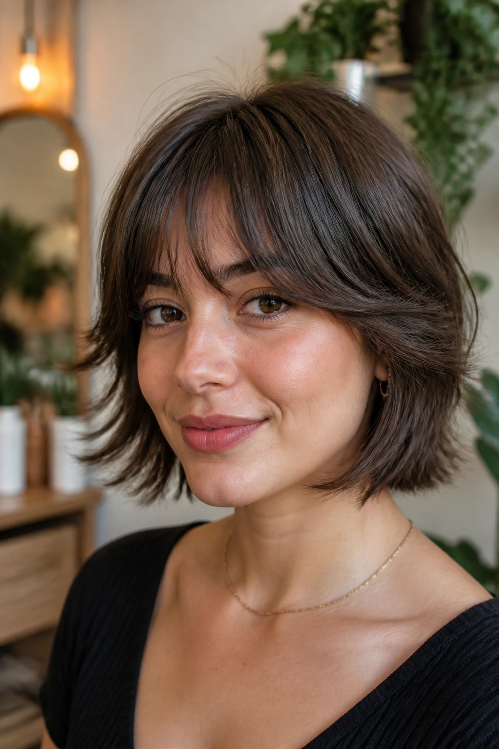 Close-up of a real person with bangs flicked outward to create lift at the front