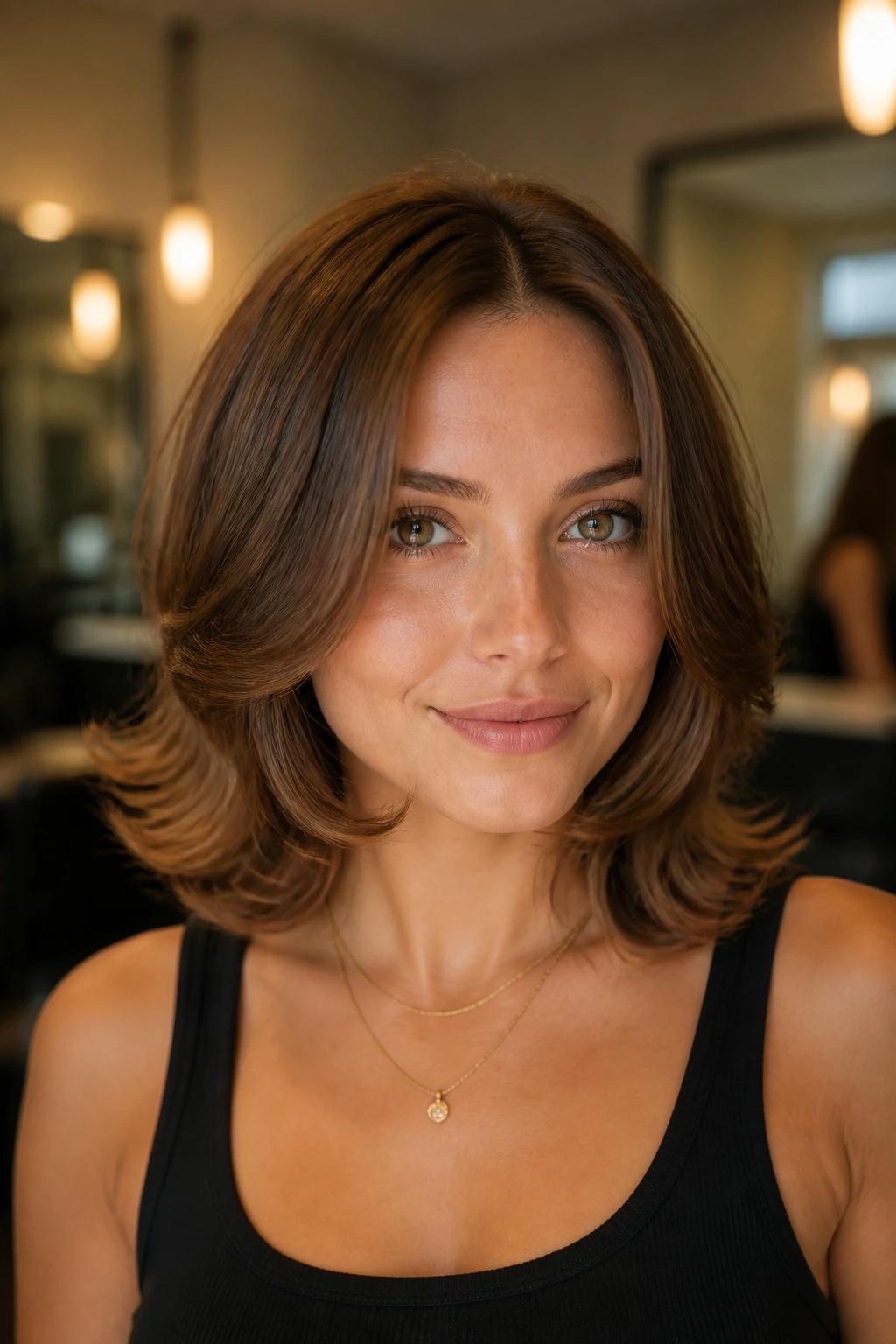 Close-up of real woman with flicked-out retro layers hairstyle