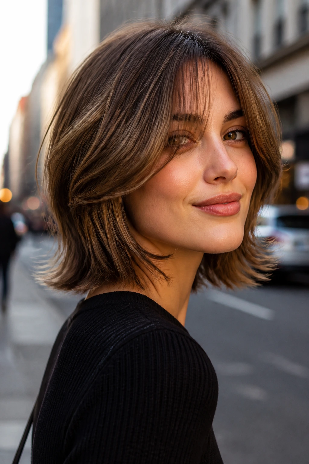 Woman with retro flicked-out layered lob showing outward ends