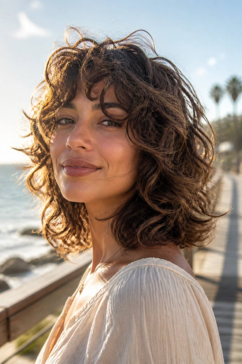 Close-up of a real woman with a flip-and-fall layered cut on mid-length curly hair