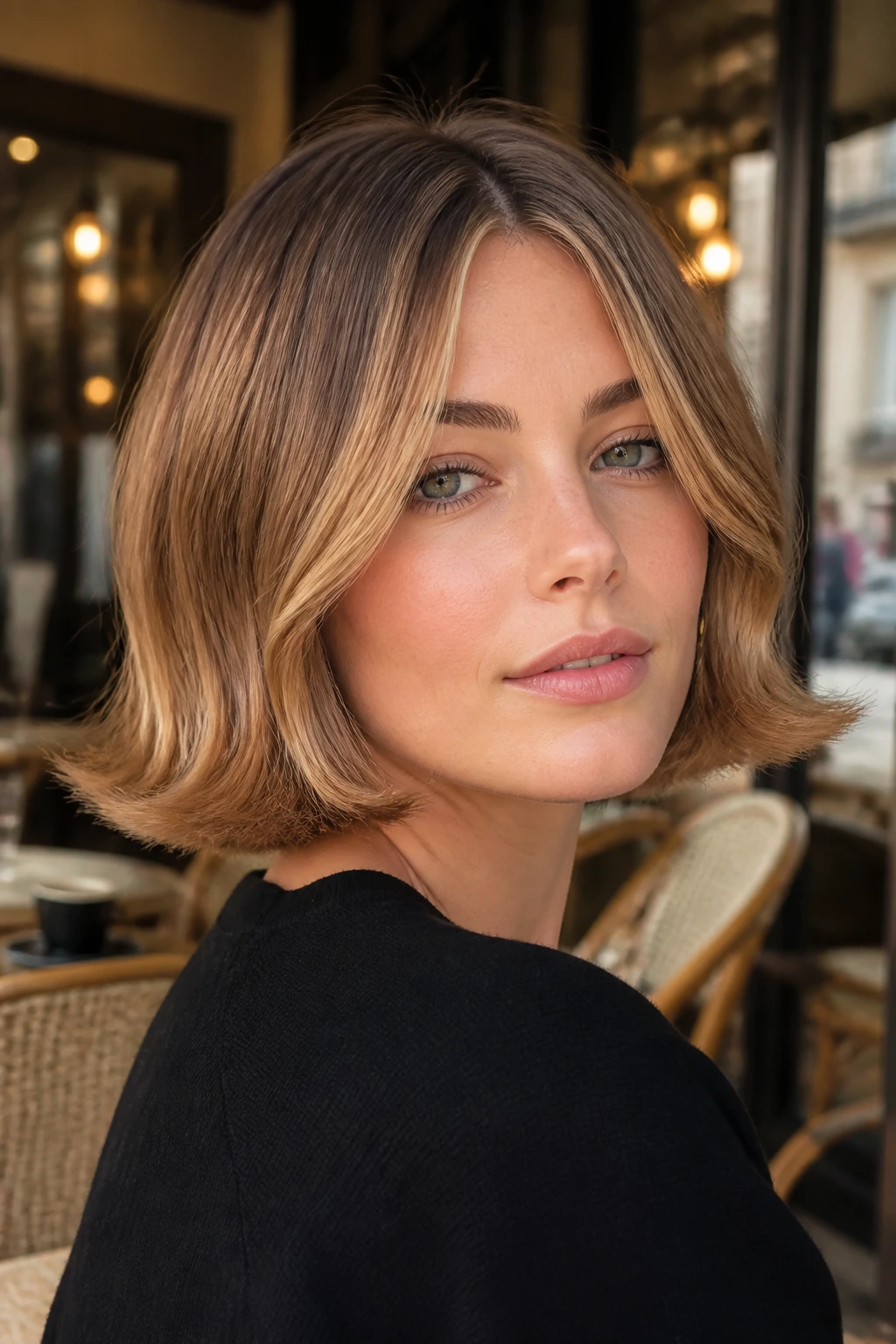 Close-up of a real woman with a French Flip Bob in honey caramel blonde.